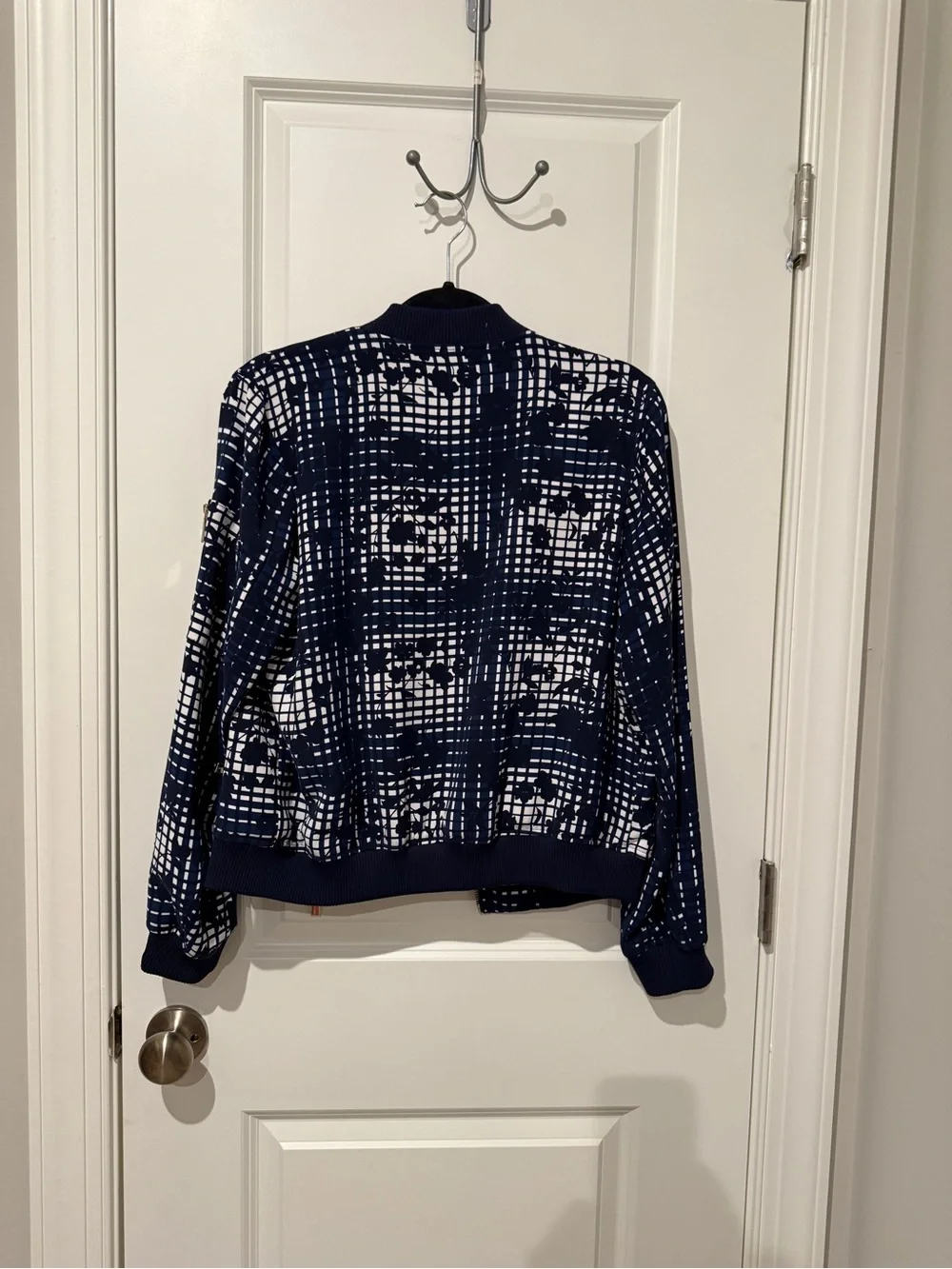 Michael Kors Navy and White Grid-Print Bomber Jacket